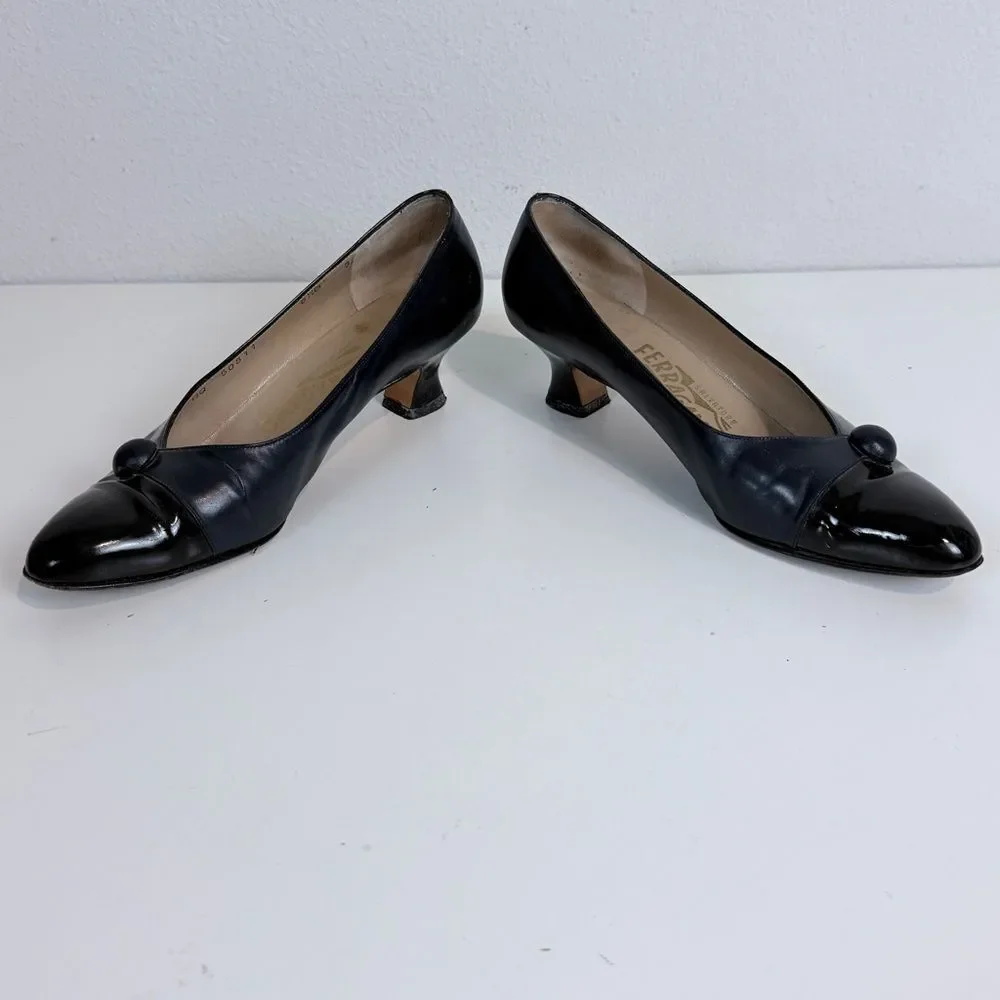 Salvatore Ferragamo Vintage Navy Black Patent Leather Kitten Heels 6.5 IOB